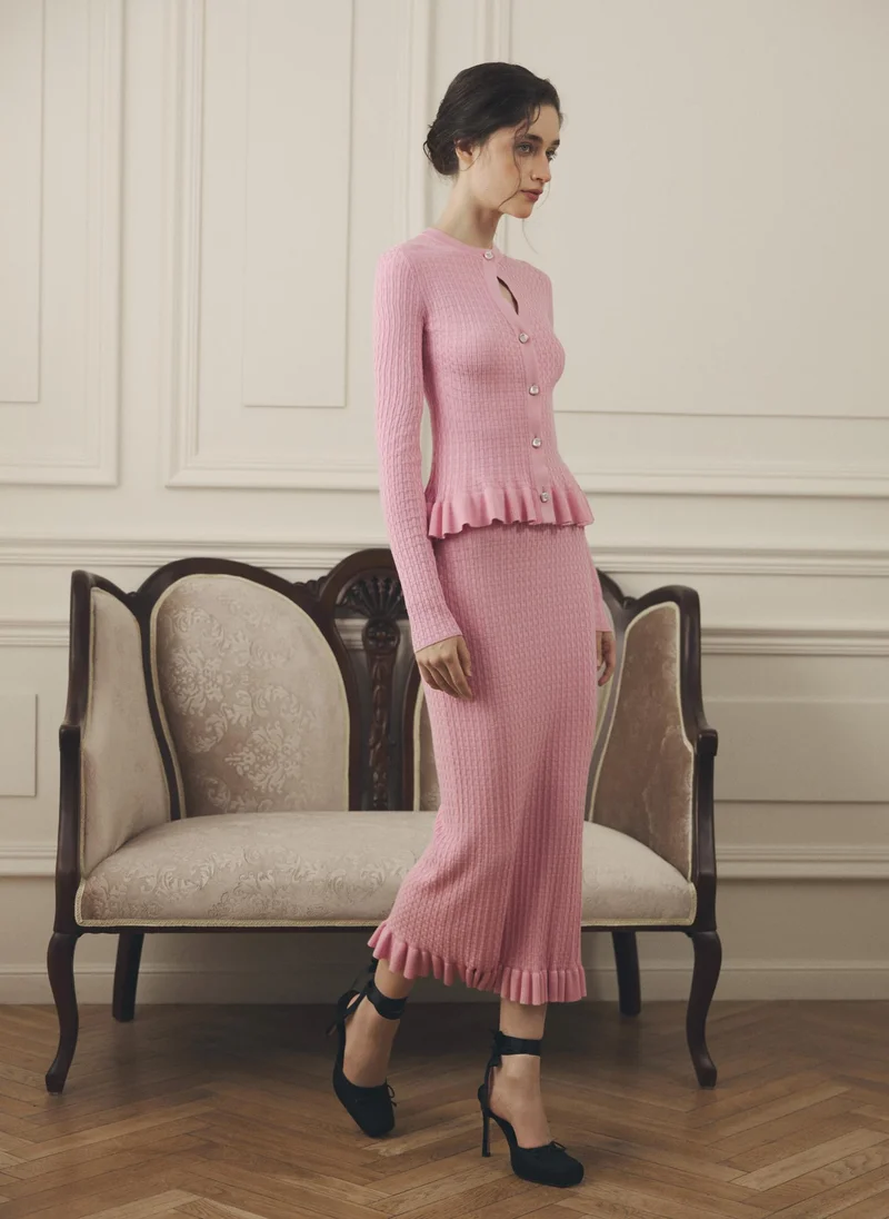 Lichi  Straight textured-knit midi skirt with ruffles for Women | Best Price UAE